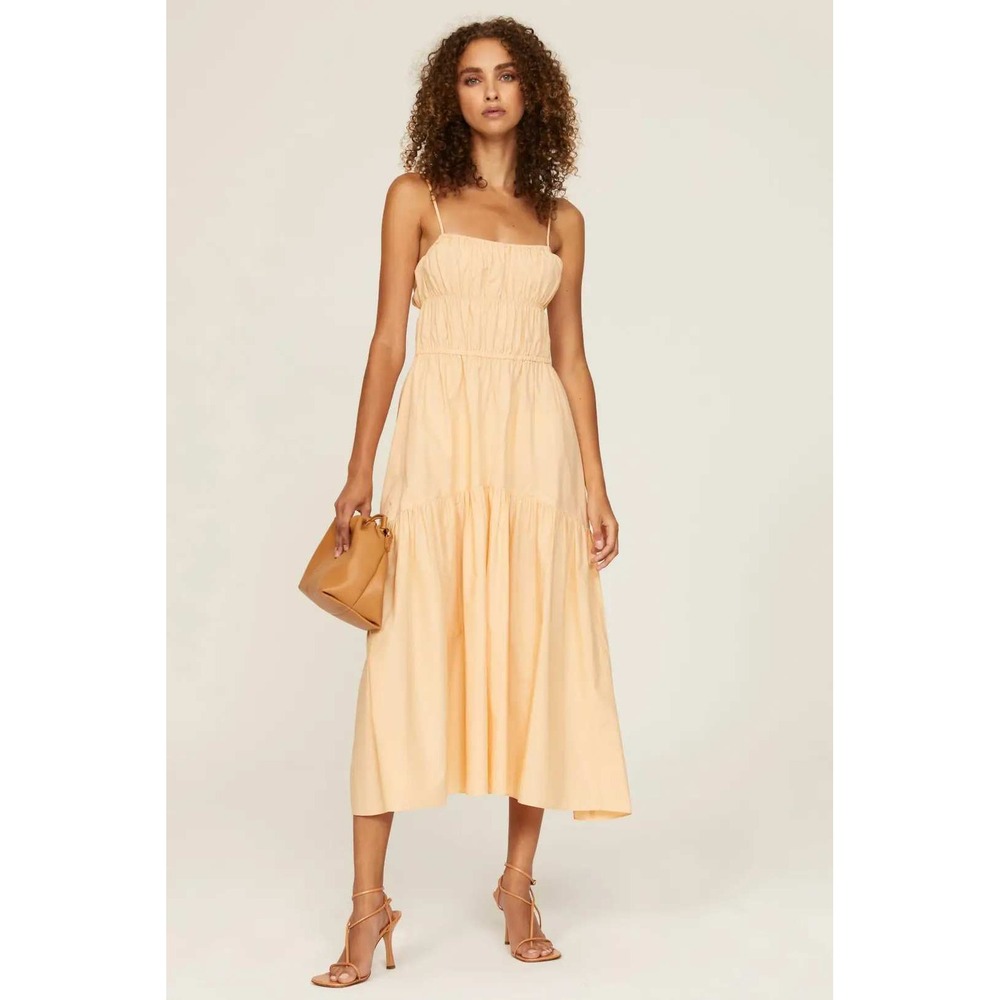 Vince Tie Back Camisole Midi Dress Peach Cotton Hemp Tiered XL Smocked Open Back